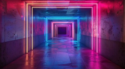 Illustration of a corridor with an Abstract Neon Background built into the wall AI generated image