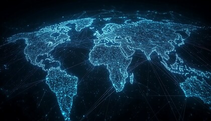 Digital Wireframe World Map with Flowing Lines and Global Connectivity