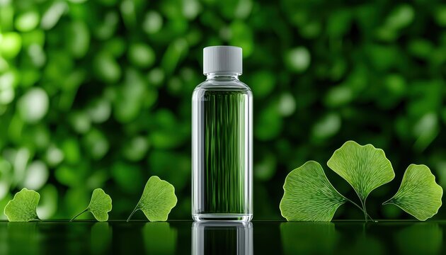 Transparent bottle with water and green leaves on a reflective surface.