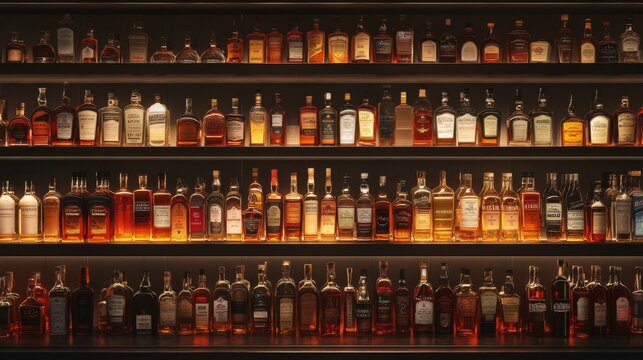 A detailed display of various whiskey bottles arranged on shelves, showcasing a spectrum of colors and designs.