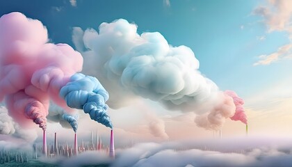 The smokestack releases brightly colored smoke into the clear sky. It is a symbol of pollution and the environment.