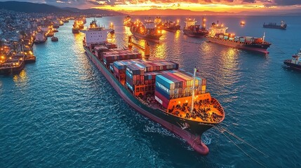 Fototapeta premium Cargo Ship at Sunset with City Skyline and Container Cargo