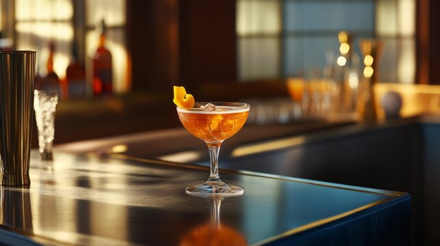 A beautifully crafted cocktail in a stylish glass, garnished with an orange slice, placed on a modern bar counter, capturing a warm and inviting ambiance.