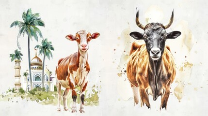 Obraz premium Watercolor Painting of Cows and a Mosque