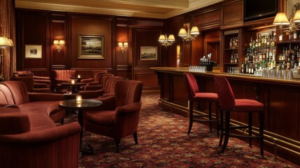 A cozy, upscale bar featuring dark wood decor, plush seating, and a well-stocked bar in an inviting atmosphere.