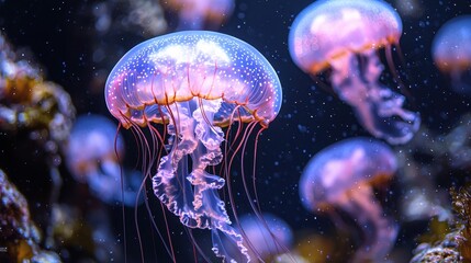 Naklejka premium Bioluminescent Jellyfish in Aquarium with Underwater Lights