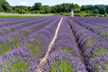 A close-up of a lavender field in bloom, with a person walking slowly through the rows, enjoying the calming scent