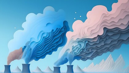 The smokestack releases brightly colored smoke into the clear sky. It is a symbol of pollution and the environment.