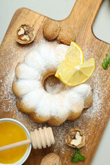 Tasty bake food concept - delicious lemon cake