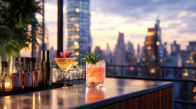 A vibrant rooftop bar scene features colorful cocktails against a stunning city skyline during sunset.