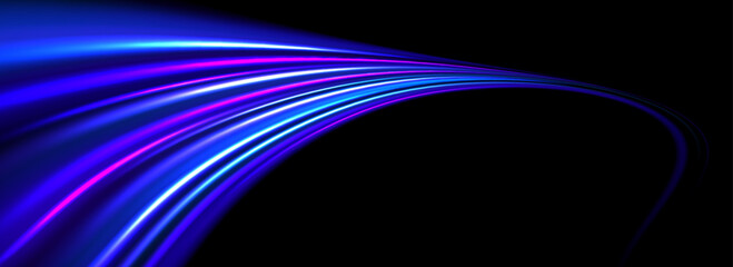 Glowing neon light trail background. Bright blue purple speed lines. Magic luminous curved road concept. Abstract bent dynamic moving stripes. Bright streaks for poster, banner, flyer. Vector