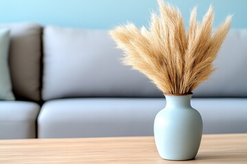 Naklejka premium A close-up of a vintage vase, filled with dried pampas grass, placed on a wooden coffee table