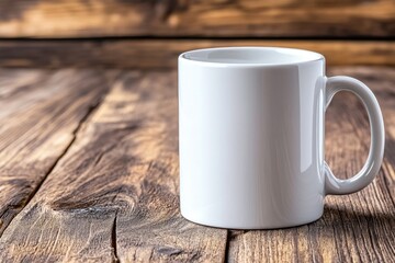 A close-up of a white coffee mug on a wooden table, surrounded by nothing but soft natural light