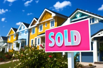 A close-up of a â€œsoldâ€ sign, proudly displayed in front of a newly purchased home