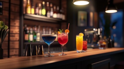 A vibrant selection of cocktails displayed at a bar, featuring colorful drinks in elegant glasses, with a well-stocked shelf of bottles in the background.