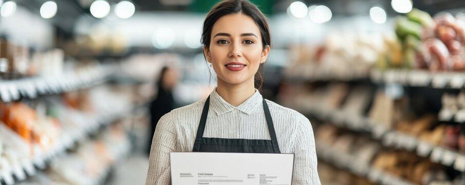 Smiling woman in an apron holding a sign in a grocery store.