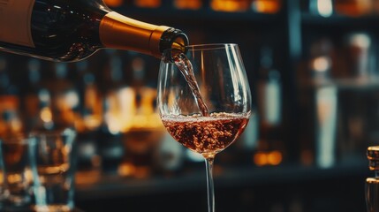 A bottle is pouring red wine into a glass, highlighting a bar setting with a warm ambiance.