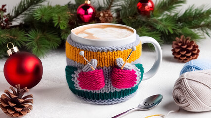 A festive and cozy winter scene featuring a white mug of coffee adorned with a very chunky knitted cover with knitted hands holding needles for knitting. AI generative