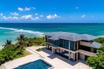 Fototapeta premium A drone shot of a beachfront property, with the ocean in the background and a stunning modern home in the foreground