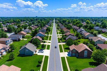 A drone view of a suburban neighborhood, showing rows of homes, green lawns, and tree-lined streets