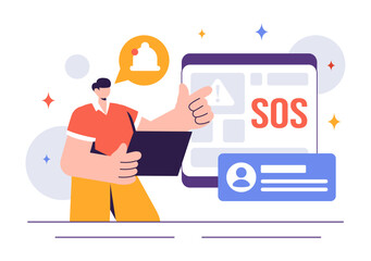 SOS Message Illustration featuring People in Need of Emergency Assistance in Various Situations like Being Lost, Drowning, Stranded on an Island