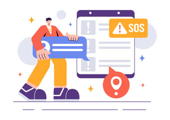 SOS Message Illustration featuring People in Need of Emergency Assistance in Various Situations like Being Lost, Drowning, Stranded on an Island