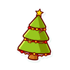 Cute cartoon vector christmas tree with outline colorful decorative lights, Bell, Cane, And Star, suitable for logo, sticker, icon, etc.