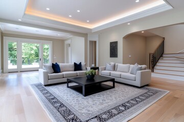 A living room with a large area rug, soft lighting, and comfortable seating arranged around a coffee table