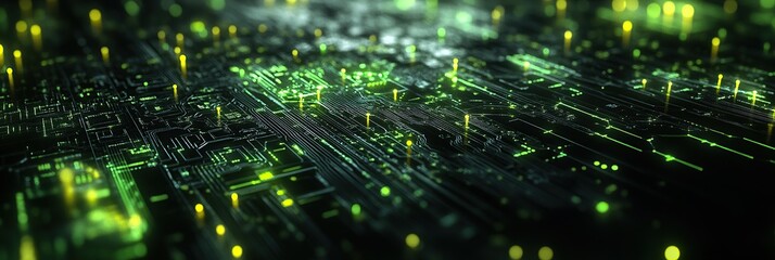 Fototapeta premium Digital background featuring green glowing data and circuit board, with dark black tones