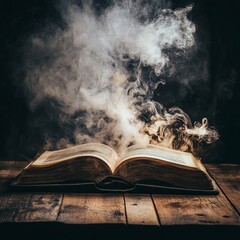 Open book on wooden table, with smoke floating up on dark abstract, idea management, innovation, knowledge technology, inspiration concept, search for new ideas and problem-solving solutions