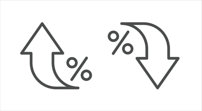 Percent arrow icon. Growth, increase, decrease arrow filled icons. Up arrows, down arrows. Vector