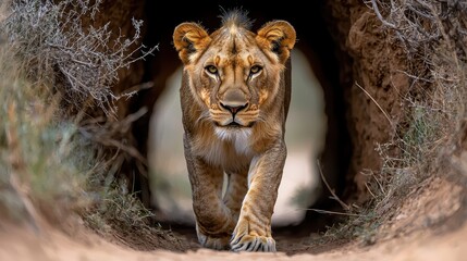 Lioness Emerging From Cave In African Savanna