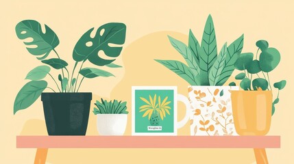 Tropical Plant Shelf with Monstera Leaves and Decorations