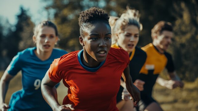 A competitive group of female athletes sprinting together on a field, showcasing determination and teamwork in their vibrant sports uniforms.