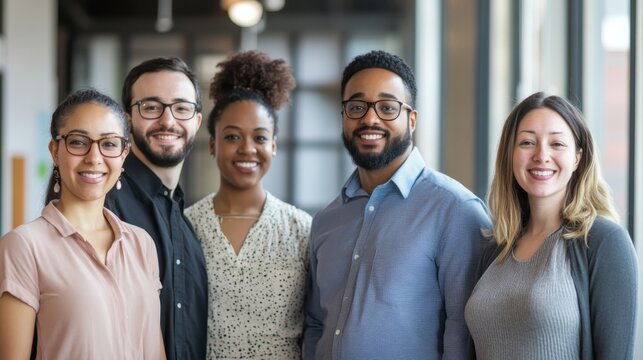 A diverse group of five smiling individuals stands together indoors, showcasing friendship and professional camaraderie.