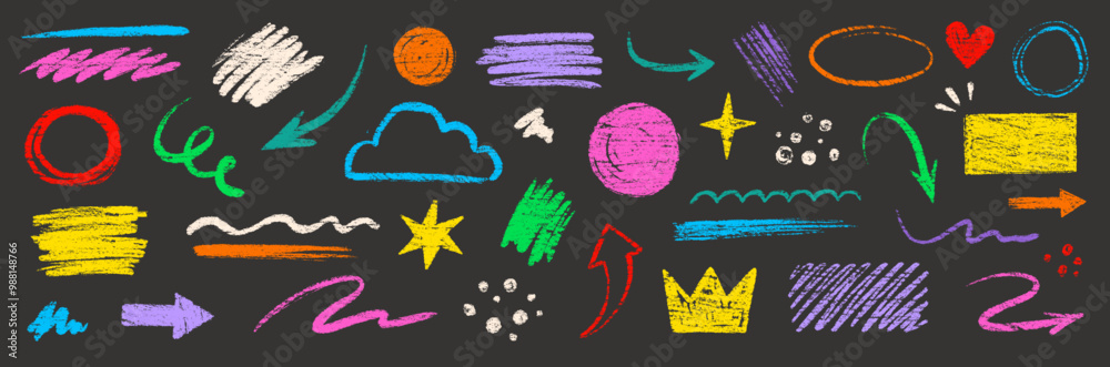 Poster crayon pencil color brush hand drawn chalk vector element set. scribble pastel texture brush stroke 