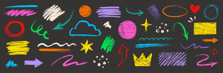 Crayon pencil color brush hand drawn chalk vector element set. Scribble pastel texture brush stroke kid square, spiral, arrow element hand drawn sketch design. Crayon pencil style. Vector illustration