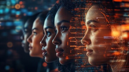A striking image showcasing diverse women profiles with digital data overlays, symbolizing technology, empowerment, and innovation.