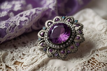Obraz premium An intricately designed brooch featuring a sparkling purple gemstone, elegantly displayed on a delicate lace fabric, merging vintage charm with modern elegance.