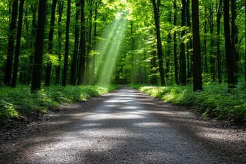 Fototapeta premium A peaceful forest path, with sunlight filtering through the trees and birds singing, creating a relaxing atmosphere for a walk