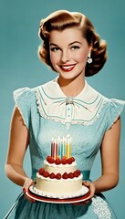 holding delicious illustration cheerful 1950s style housewife cake vintage birthday  woman cake illustration vintage homemaker birthday apron retro 1950s isolated cut-out cut-out 50s happy poster