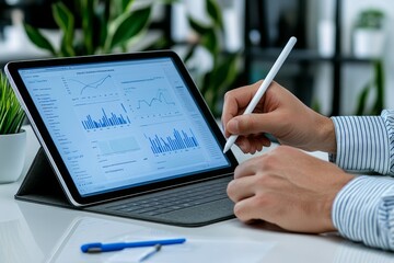 A person using a tablet with a stylus, efficiently managing tasks and taking digital notes during a meeting