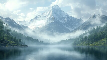 Majestic Mountain Peak Reflected in Still Lake Water with Mist