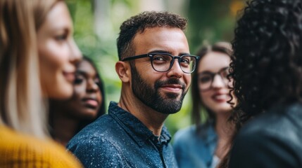 A man in glasses smiles engagingly amidst a diverse group of women, capturing a moment of camaraderie and connection outdoors.