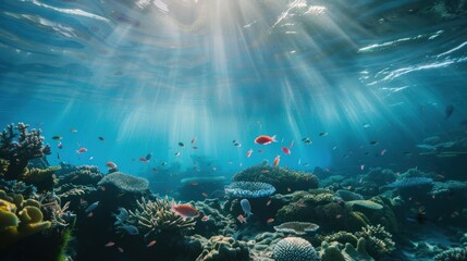 Fototapeta premium Underwater Coral Reef with Sunbeams