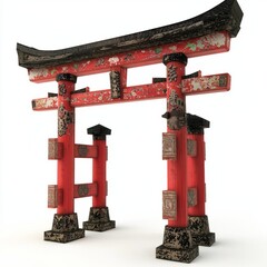 3D Render of a Japanese temple gate (torii) with red pillars and ornate carvings, on isolated white background
