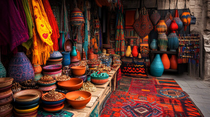 A traditional Turkish bazaar scene with a focus on the craftsmanship of handmade jewelry, rugs, and ceramics, all carefully arranged for sale