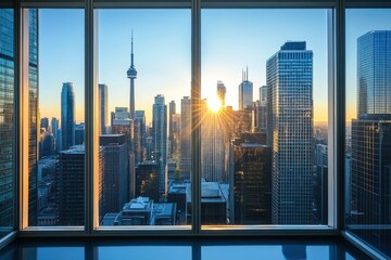 Looking at the city skyline through the window office