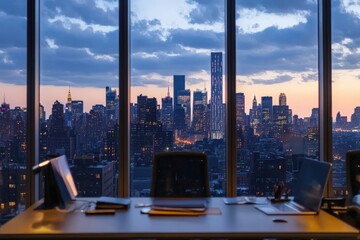 Looking at the city skyline through the window office