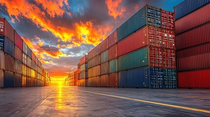 Fototapeta premium Cargo Containers at Sunset with Dramatic Sky